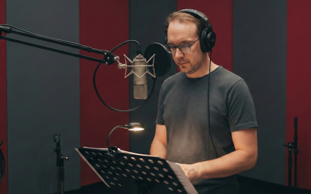 Thomas Kapitza, Stimmschauspieler und Sprecher, bei der Sprachaufnahme im Tonstudio